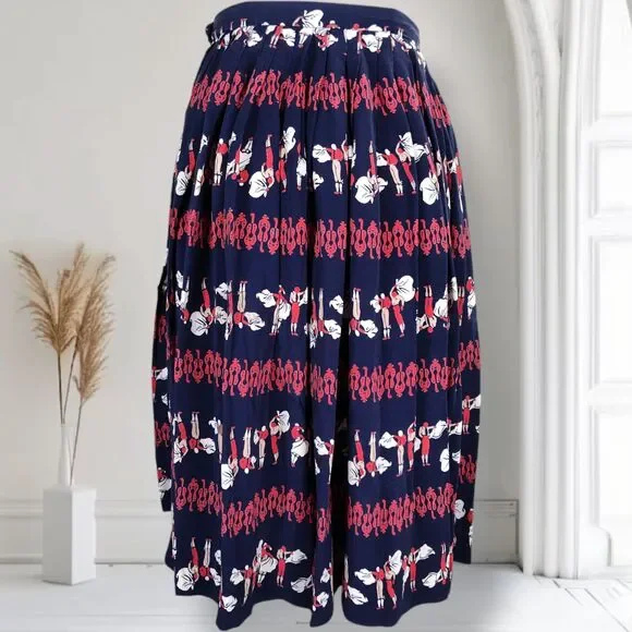Vintage 50s Full Novelty Print Skirt Size XS Blue Silk Bullfighter Print